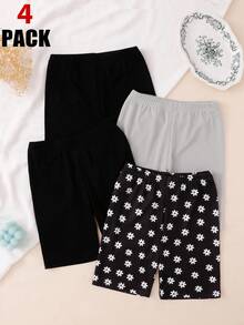 4pcs/Set Girls' Solid Color Leggings, Comfortable Fitted Short Design, Suitable For Spring, Summer, Autumn - Multicolor - View 2