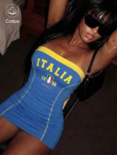 Bumpella Italian Letter Print Comfortable Fabric Bodycon Mini Dress, Bright Blue Travel Summer Y2k