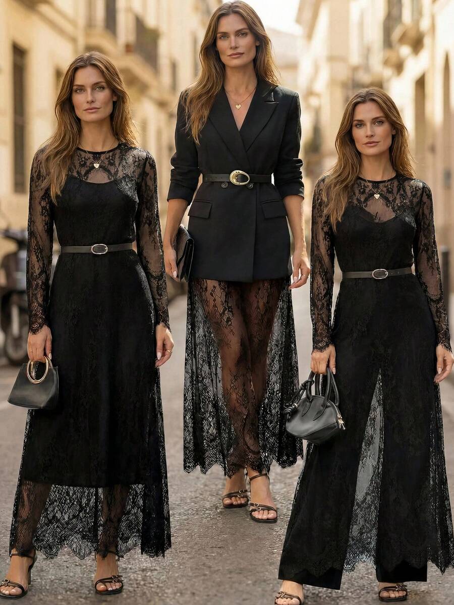 Editum Women's Round Neck Long Sleeve Lace Loose Long Dress Fall Women