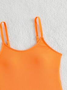SHEIN 青少年女孩素色細肩帶連身泳衣，適合海邊度假、泳池派對、海灘派對 - 亮橙色 - 查看 4