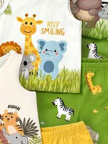 6pcs/Set Baby Boy Outfit, Cute & Lively Forest Animal Print Vest Top Paired With Matching Animal Print Shorts, Fashionable Summer Outfit - Multicolor - View 5