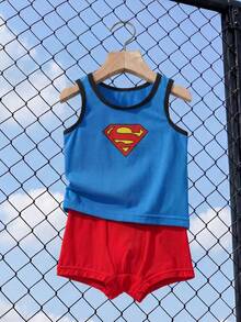 SUPERMAN X SHEIN Young Boy Geometric Print Casual Tank Top And Shorts - Blue - View 3