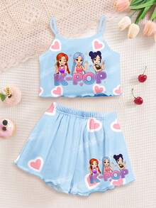 Young Girl Letter Cartoon Print Camisole Top And Shorts Casual Daily Home Pajama Set - Multicolor - View 3