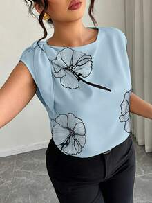 Elenzga Women's Plus Size Spring/Summer Elegant Streetwear Neckline Tie Decor Contrast Color 3D Flower Cap Sleeve Round Neck Blouse - Mint Green - View 4