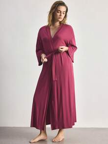 Ocili Comfortable Soft Minimalist Long Sleeve Plus Size Robe Lounge Mint Green Autumn - Red Violet - View 5