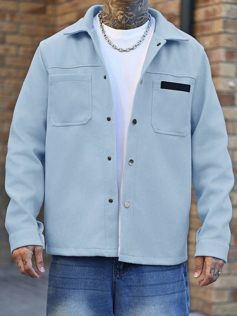 Devon Thys Men Solid Color Casual Overcoat, Suitable For Autumn And Winter Sky Blue Button Overcoat - Baby Blue - View 1