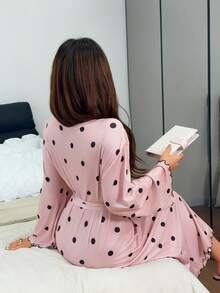 Napfluff 女士腰带波点印花长袖睡袍 - 粉色 - 查看 2