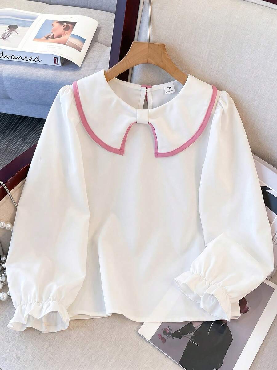 SHEIN Tween Girl Fall Top Collar White Long Sleeve Blouse, Casual, Fall, Winter, Back To School, Holiday - White - View 1