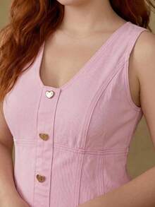 MOTF PREMIUM PLUS SIZE ELEGANT HEART BUTTON DECOR PINK DENIM DRESS - Pink - View 2