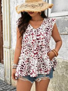 EMERY ROSE Blusa de talla grande tejida con estampado floral, cuello en V, mangas volantes, volantes y patchwork, elegante, para vacaciones, salidas, uso diario, primavera/verano - Rojo - Ver 4
