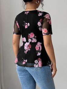 Elenzga Plus Size Versatile Premium Mesh Digital Floral Print T-Shirt - Multicolor - View 2