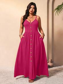 Breezaya Plus Size Women's Solid Color Button Design Pocket Casual Strap Dress For Vacation - Hot Pink - View 4