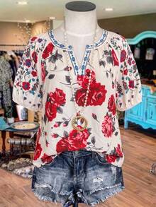 Linhara Plus Size Women's Summer New Vintage Floral Print Short Sleeve Shirt - White - View 3