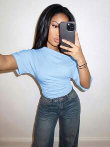 Slaydiva Summer Vacation Beachfront Party Date Birthday Night Out Elegant Casual Off-Shoulder Loose Fit Waist Pleated Light Blue T-Shirt Top-A,Summer Top - Baby Blue - View 7