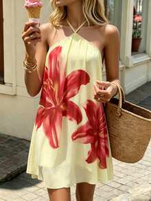 Flora Isola Flora Isola Women's Yellow Base Large Red Floral Print Halter Neck Cold Shoulder Dress, Loose Flowy Sleeveless Beach Dress - Yellow - View 1