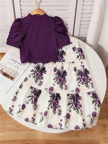 SHEIN Tween Girl Faux Pearl Decorated Short Puff Sleeve T-Shirt And Floral Print Skirt Set - Purple - View 2