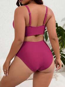 SHEIN Swim Curve Plus Size 2pcs Solid Color V-Neck Top & High Waist Shorts Women's Summer Vacation Bikini Set Set - Hot Pink - View 2