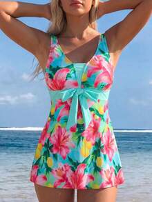 Swim Lushoire Women's Summer Casual Vacation Beach Party Print Round Cup Thick Strap Bikini Two Pieces Beachwear Swimsuit Set - Multicolor - View 3