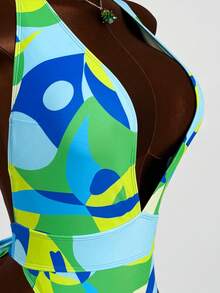 Zestiva Spring/Summer Green Colorblock Print Deep V-Neck Backless High-Cut Skirt Set Viral Hot Style Beach Party Vacation One-Piece Swimsuit With Mesh Skirt - Multicolor - View 5
