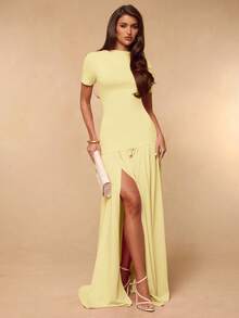 SHEIN BAE Gaun Maxi Elegan Berwarna Kuning Pucat Polos, Pas Badan, Lengan Pendek, Belahan Tinggi, dan Detail Kerut, Cocok untuk Makan Malam di Musim Semi/Panas - Kuning muda - View 5