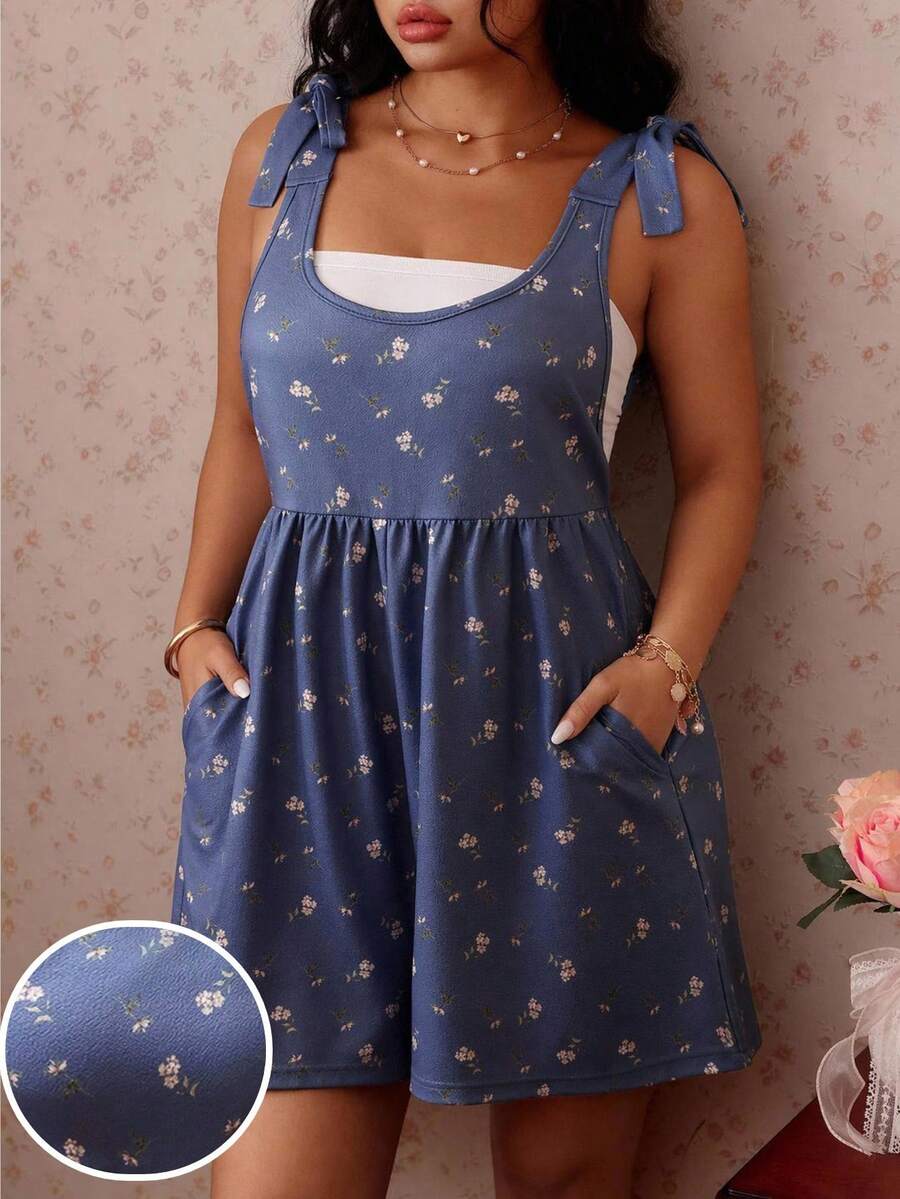 CovetEZ Plus Size Blue And White Ditsy Floral Tie-Front Casual Gothic Renaissance Fairycore Boho Jumpsuit, Spring/Summer Vacation Date Night - Blue - View 1