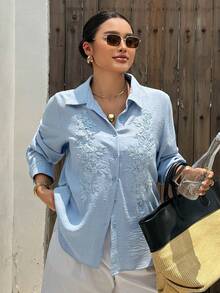 Dazy Plus Loose Casual Patchwork Embroidered Floral Pattern Elegant Fun Commute Spring Summer Autumn New Long Sleeve Blue Shirt - Blue - View 6
