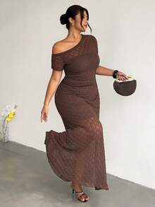 Firerie Plus Size Summer Elegant Solid Color Asymmetric Neckline Dress - Coffee Brown - View 5