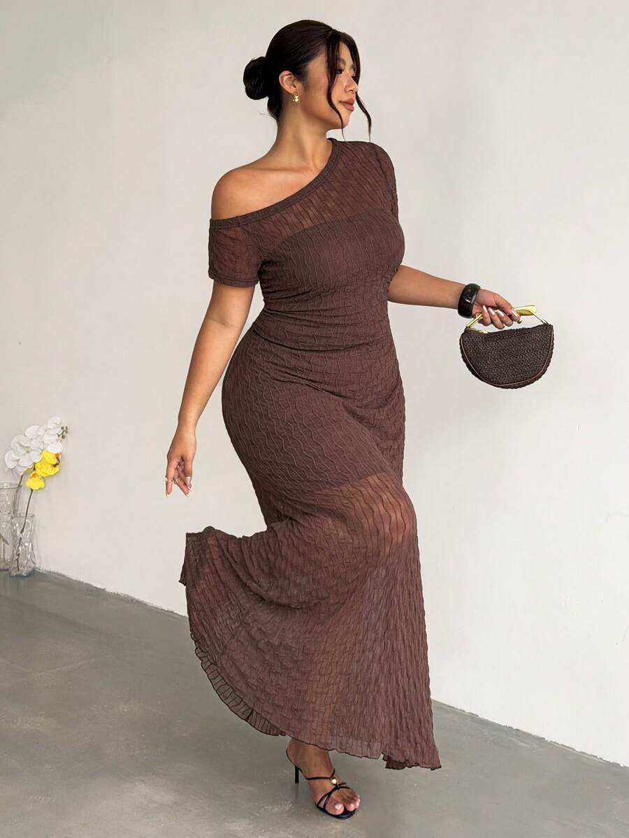 Firerie Plus Size Summer Elegant Solid Color Asymmetric Neckline Dress