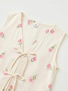 SHEIN 兒童青少年女孩休閒黃色提花蝴蝶結肩帶背心短褲2件套 - 彩色 - 查看 6