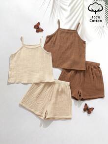 Elladie kids Girls' 4-Piece Set Cute Minimalist Style Girls' Tank Top Set, Apricot And Brown, Suitable For Daily Outings And Casual Vacations,Back To School. - Multicolor - View 2