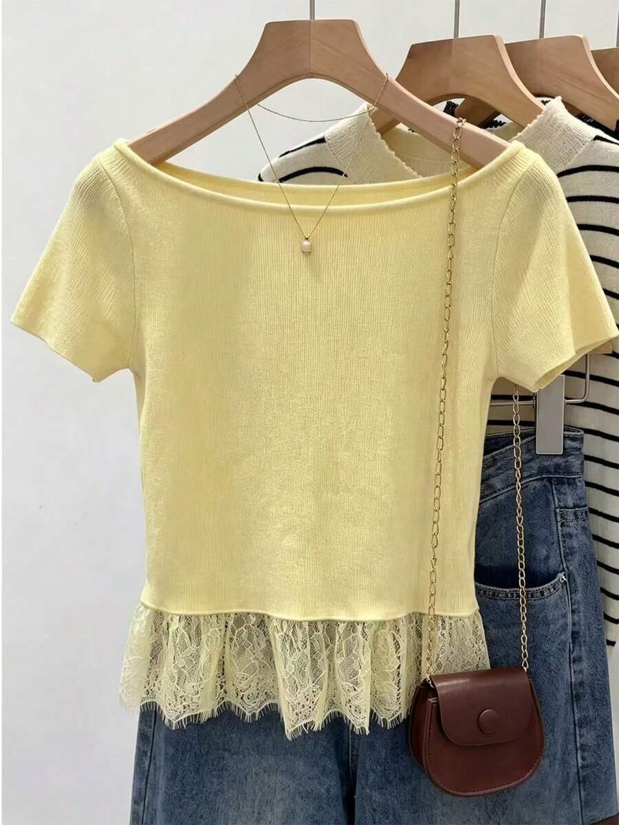 SHEIN Franclia 女款夏季純色針織上衣,方領修身蕾絲拼接,優雅浪漫性感露肩度假襯衫,早午餐穿搭,淺黃色 - 黃色 - 查看 1