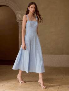 MOTF PREMIUM WOMEN'S SUMMER ELEGANT VACATION SOLID COLOR JACQUARD WAIST-DEFINING SPAGHETTI STRAP DRESS - Blue - View 4