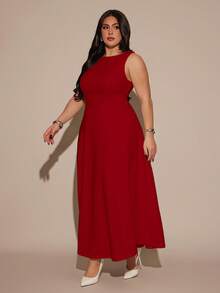 SHEIN BAE 大尺碼女款秋冬春季大擺船領優雅長版無袖洋裝 - 紅色 - 查看 6