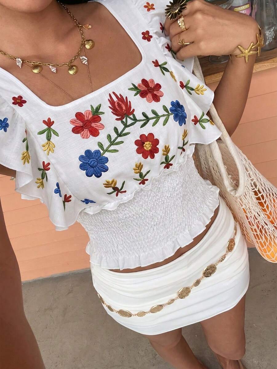 Flora Isola Flora Isola Women's Square Neck Ruffle Top, Fashionable Floral Print, Elastic Waist Design, Versatile For Daily Commute Vacation, Travel, Date, Summer White Boho - White - View 1