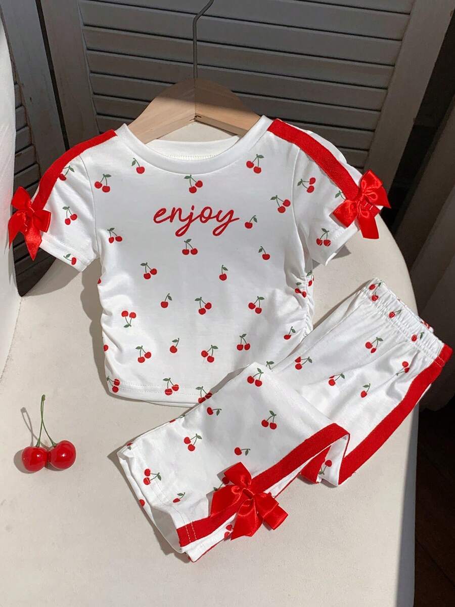 SHEIN Baby Girl Knit Cherry Pattern Crew Neck Ruched Casual T-Shirt And Long Pants 2pcs Set - Multicolor - View 1