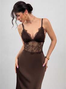 Firerie Women's Elegant Romantic Dark Brown Spaghetti Strap Lace Sexy Dress Night Out Summer Date Night - Brown - View 2