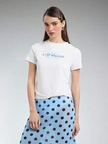 COUREZ Short Sleeve Shrunken Fit T-Shirt / Y2K Casual Autumn Summer For Women Going Out Everyday Fall Top White - Pale Yellow - View 2
