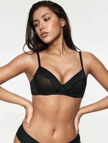 SHAPORA Mesh Splice Fabric Sexy Underwire Bra, Minimalist Sensual Style, No Foam Cups - Black - View 5