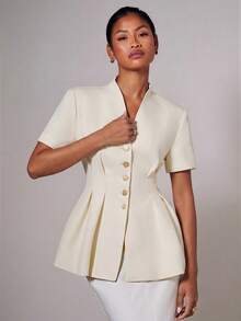 COSMINA Blazer elegante de manga corta de un solo pecho de unicolor para mujer - Blanco - Ver 3