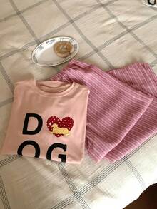 DAZY 2pcs/Set Women's Summer Pajama Set, Loose Short Sleeve T-Shirt With English Graphic Print & Striped Straight Leg Long Pants - Pink - View 8