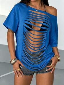 StreetHx T-shirt court à manches courtes oversize pour femmes, blanc, déchiré à l'avant, sexy, ajouré avec design à franges. Style à la mode Y2K, baddie, punk rock. Convient pour les festivals de musique - bleu indigo - Voir 4