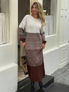 Color Block Drop Shoulder Sweater, Long Sleeve Sweater Dress - Multicolor - View 1