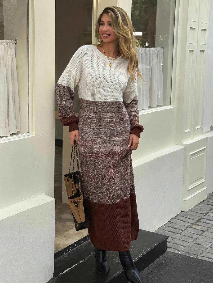 Color Block Drop Shoulder Sweater, Long Sleeve Sweater Dress - Multicolor - View 1