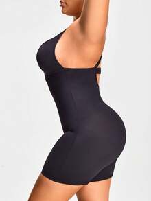 SHAPORA Body talla grande de un solo elemento con escote en V elástico y espalda cruzada, de unicolor para verano - Negro - Ver 5
