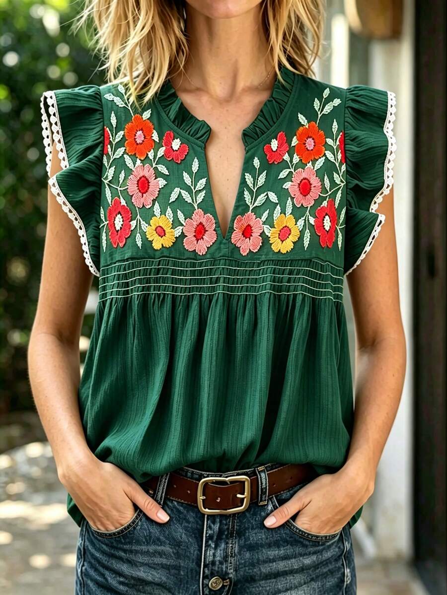 Linhara Plus Size Women's Vacation Floral Print Notch V-Neck Short Flutter Sleeve Blouse Vacation Olive Green Summer Boho - Dark Green - View 1
