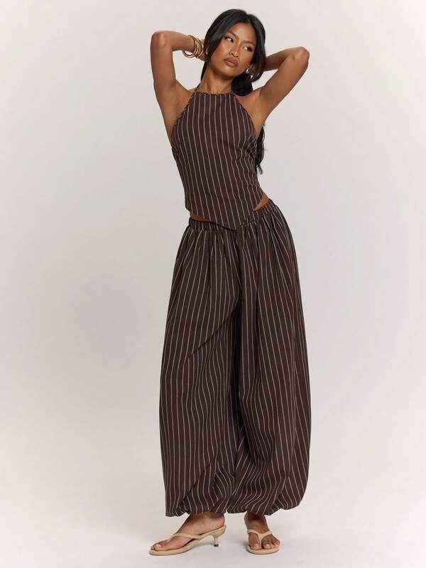 SHEIN BAE Women's Casual Striped Pleated Loose Solid Color Pants Set, Suitable For Daily Wear, Including Wide Leg Pants, Summer Wide Leg Pants, Versatile Style, Including Brown Pants, Bohemian Style Khaki Pants Striped Set, Casual Pants Set, Jogger Pants Work Set, Lantern Pants, Suitable For Commuting, Outings, Holidays, Vacations And Various Occasions.