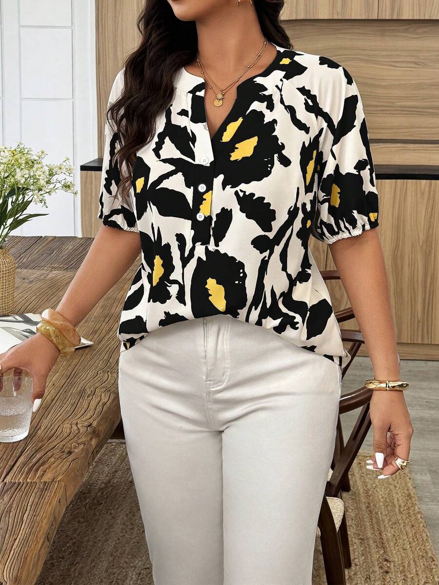 Weeklong Plus Size Women's Spring/Summer Notched Neck Elastic Cuff Botanical Print Casual Vacation Shirt - Multicolor - View 1