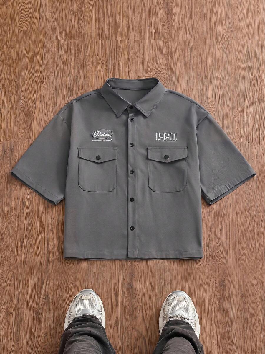 SWAVVY Spring/Summer Men's Embroidered Short Sleeve Casual Shirt - Dark Grey - View 1