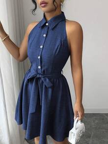 SHEIN Elenzya Sleeveless Shirt Collar Dress With Dual-Tone Linen-Like And Denim Effect, A-Line Silhouette, Elegant And Romantic Design, Suitable For Outdoor Wear - Dark Wash - View 6