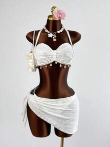 INAWLY Sexy Tropical Halter Neck Swimsuit For Women Beach Vacation White Summer - Apricot - View 3